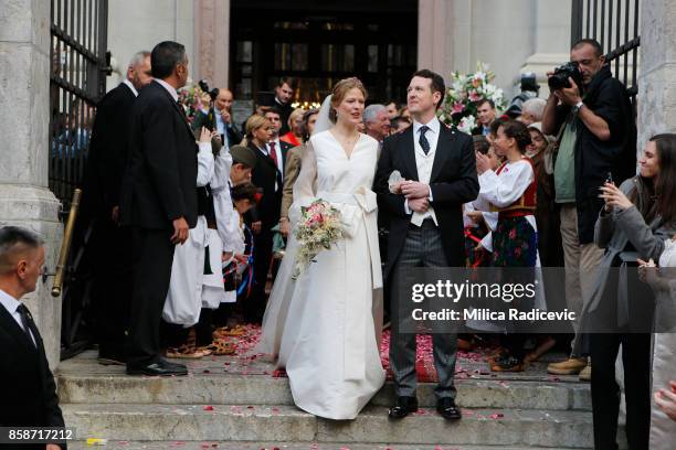 Prince Philip of Serbia and Danica Marinkovic during their church wedding at The Cathedral Church of St. Michael the Archangel on October 7, 2017 in...