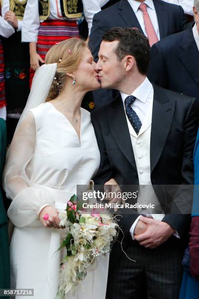 Prince Philip of Serbia and Danica Marinkovic during their church wedding at The Cathedral Church of St. Michael the Archangel on October 7, 2017 in...