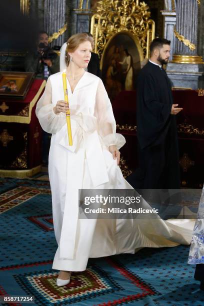 Danica Marinkovic during her church wedding at The Cathedral Church of St. Michael the Archangel on October 7, 2017 in Belgrade, Serbia.