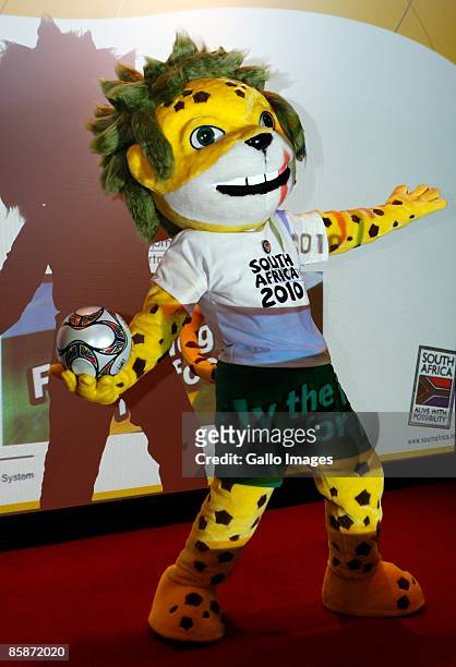 Zakumi, the official mascot for the 2010 FIFA World Cup attends the launch of the 2010 "Fly the Flag for Football" campaign at the SABC offices on...