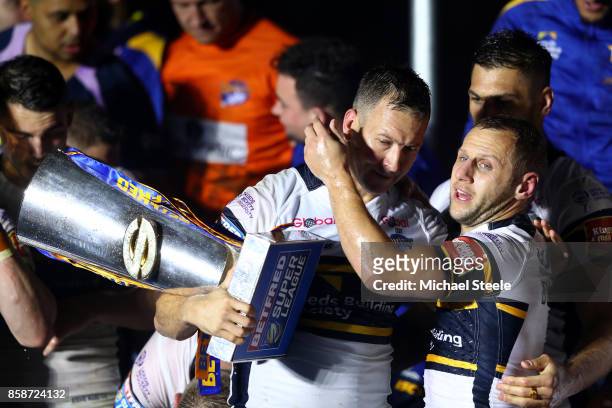 Danny McGuire and Rob Burrow of Leeds Rhinos embrace at the end of the Betfred Super League Grand Final match between Castleford Tigers and Leeds...