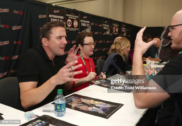 Peter Serafinowicz, Griffin Newman and Valorie Curry attend Amazon Prime Video's The Tick New York Comic Con 2017 - Autograph Signing at The Jacob K....