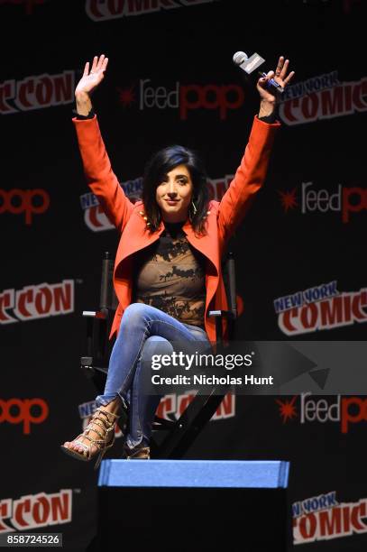 Dana DeLorenzo speaks onstage at the Ash Vs Evil Dead Panel during 2017 New York Comic Con - Day 3 on October 7, 2017 in New York City.