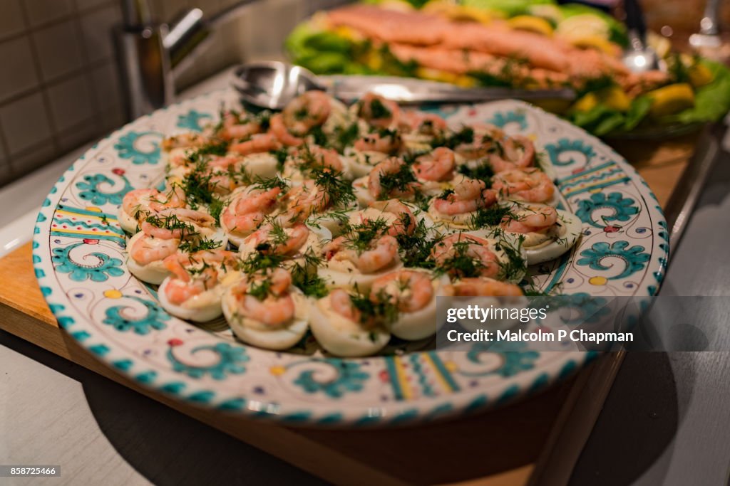Christmas in Sweden - Egg halves with shrimp and dill mayonnaise