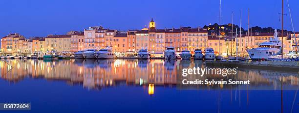 france, var, saint tropez harbor at night - french riviera stock pictures, royalty-free photos & images
