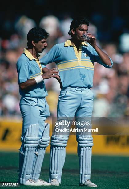 Indian cricketers Ravi Shastri and Krishnamachari Srikkanth during a match against Pakistan at Melbourne during the World Championship of Cricket One...
