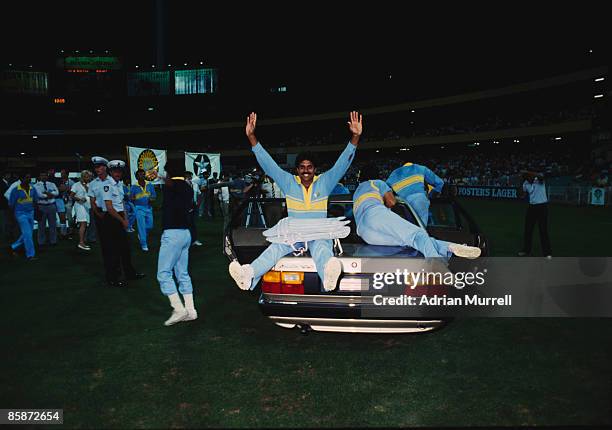 Members of the Indian cricket team celebrate their victory over Pakistan in the final of the World Championship of Cricket One Day International...