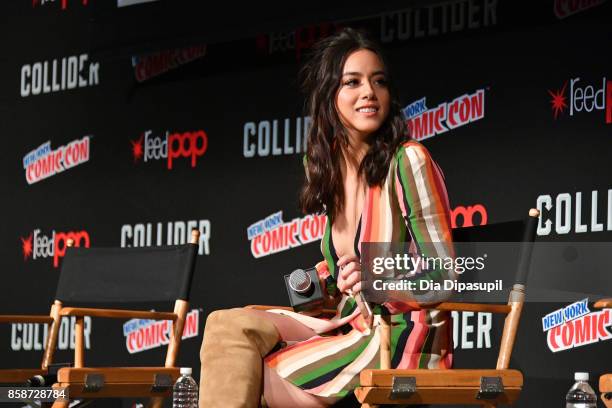 Actress Chloe Bennet speak at the Marvel's Agents of S.H.I.E.L.D. Panel during 2017 New York Comic Con - Day 3 on October 7, 2017 in New York City.