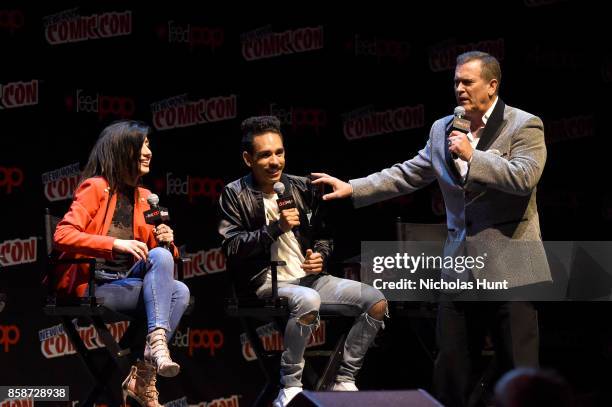 Dana DeLorenzo, Ray Santiago and Bruce Campbell speak onstage at the Ash Vs Evil Dead Panel during 2017 New York Comic Con - Day 3 on October 7, 2017...