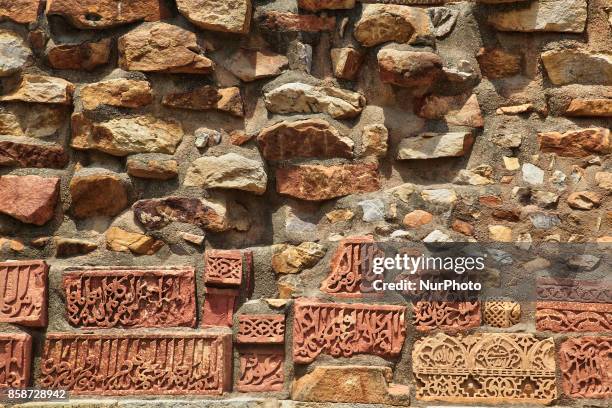 Bricks and stones showing the construction of the Quwwat-ul-Islam Mosque at the Qutub Minar complex in Delhi, India, on 7 October 2017. Qutb Minar...