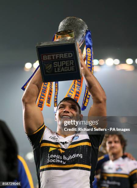 Leeds Rhinos' Ryan Hall celebrates with the trophy after the final whistle during the Betfred Super League Grand Final at Old Trafford, Manchester.