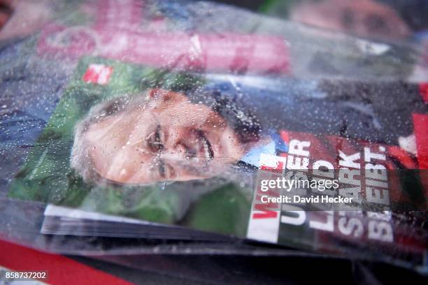 Flyers featuring Stephan Weil, German Social Democrat and governor of the state of Lower Saxony, are seen during a campaign event while campaigning...