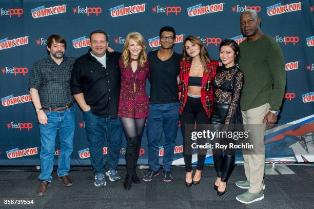 Mickey Fisher, Kathryn Morris, Sendhil Ramamurthy, Sarah Shahi, Jessica Lu and Dennis Haysbert attend the Reverie press room during 2017 New York...