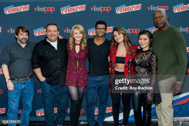 Mickey Fisher, Kathryn Morris, Sendhil Ramamurthy, Sarah Shahi, Jessica Lu and Dennis Haysbert attend the Reverie press room during 2017 New York...