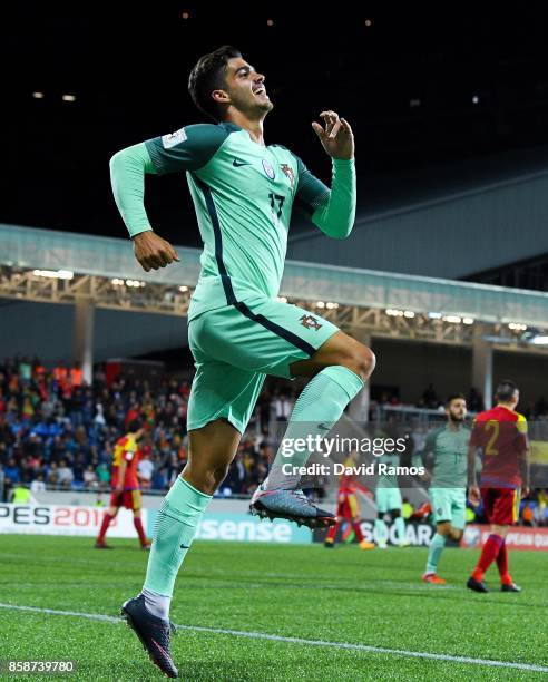 Andre Silva of Portugal celebrates after scoring his team's second goal during the FIFA 2018 World Cup Qualifier between Andorra and Portugal at the...