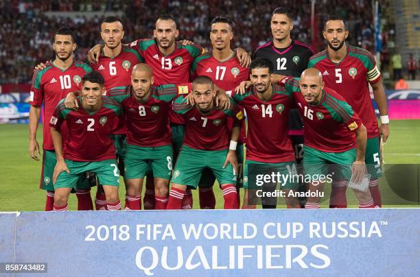 Footballers of Morocco pose for a photo before the 2018 FIFA World Cup Qualifying group C football match between Morocco and Gabon at the Mohamed V...