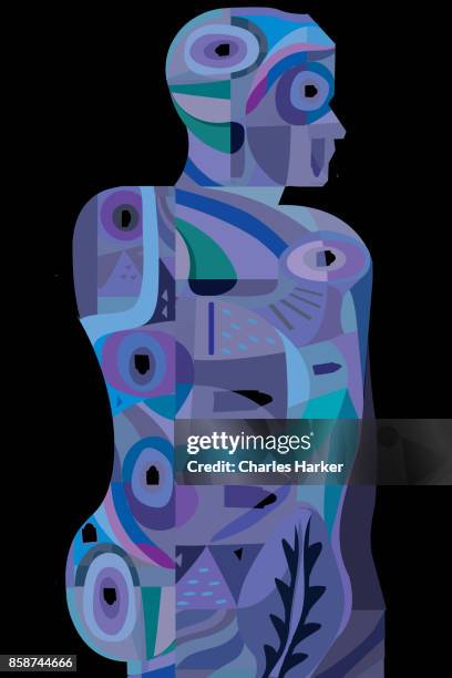 filled silhouette illustration of a man in vivid blue and purple - charles harker stockfoto's en -beelden