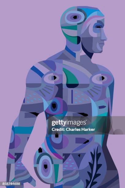 filled silhouette illustration of a man in vivid blue and purple - full figure stock-fotos und bilder