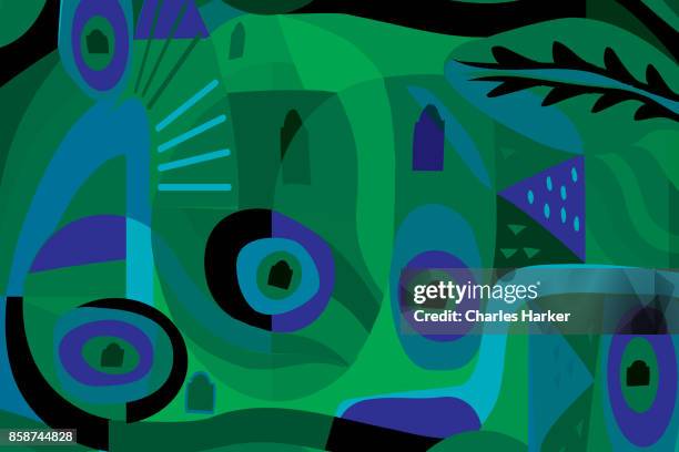 vivid greeen and blue modern abstract illustration - charles harker stockfoto's en -beelden