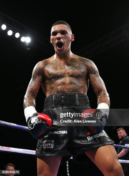 Conor Benn celebrates victory over Nathan Clarke during the Welterweight Championship fight at Manchester Arena on October 7, 2017 in Manchester,...