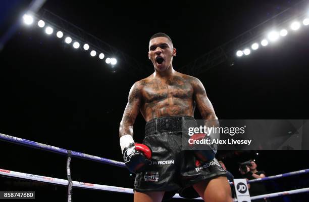 Conor Benn celebrates victory over Nathan Clarke during the Welterweight Championship fight at Manchester Arena on October 7, 2017 in Manchester,...