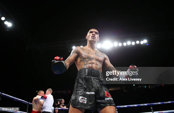 Conor Benn celebrates victory over Nathan Clarke during the Welterweight Championship fight at Manchester Arena on October 7, 2017 in Manchester,...