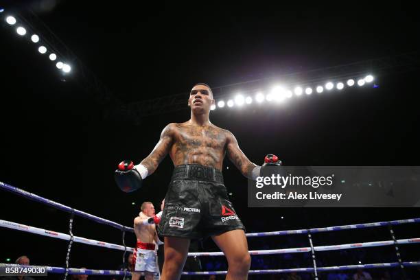 Conor Benn celebrates victory over Nathan Clarke during the Welterweight Championship fight at Manchester Arena on October 7, 2017 in Manchester,...