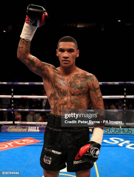 Conor Benn celebrates beating Nathan Clarke during their Welterweight contest at Manchester Arena.