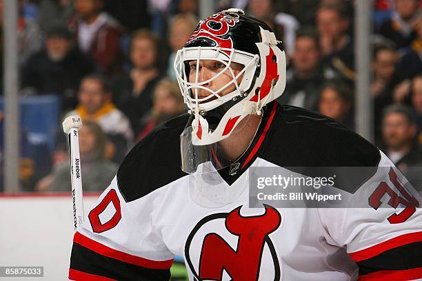 Martin Brodeur of the New Jersey Devils tends goal against the Buffalo Sabres on April 4, 2009 at HSBC Arena in Buffalo, New York.