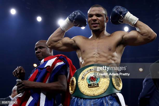 Chris Eubank Jr. Of Great Britain celebrates victory over Avni Yildirim of Turkey after the Super Middleweight World Boxing Super Series fight at...