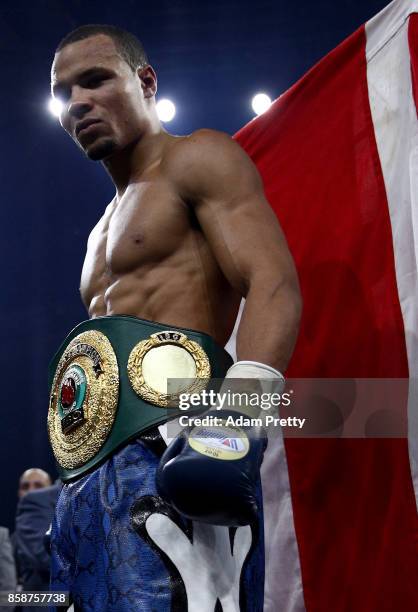 Chris Eubank Jr. Of Great Britain celebrates victory over Avni Yildirim of Turkey after the Super Middleweight World Boxing Super Series fight at...