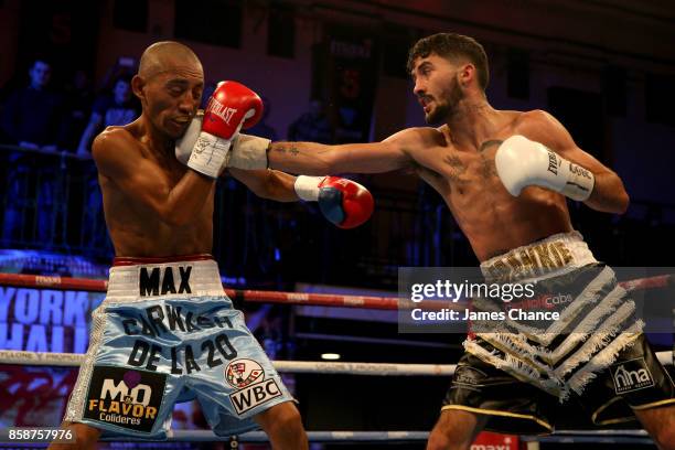 Andrew Selby celebrates punches Maximino Flores during there Flyweight fight at York Hall on October 7, 2017 in London, England.