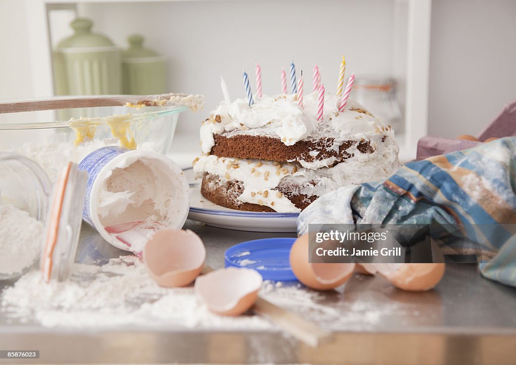 Messy Kitchen with Homemade Birthday Cake