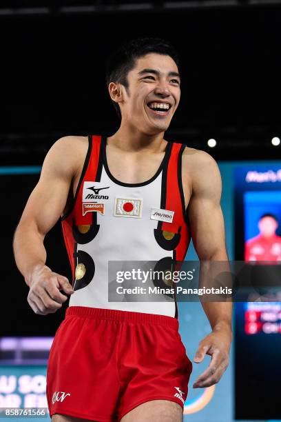 Kenzo Shirai of Japan reacts after competing on the floor exercise during the individual apparatus finals of the Artistic Gymnastics World...