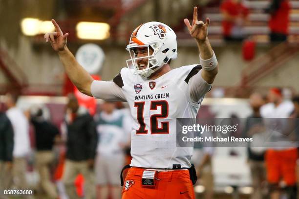 James Morgan of the Bowling Green Falcons celebrates after defeating the Miami Ohio Redhawks during the second half at Yager Stadium on October 7,...