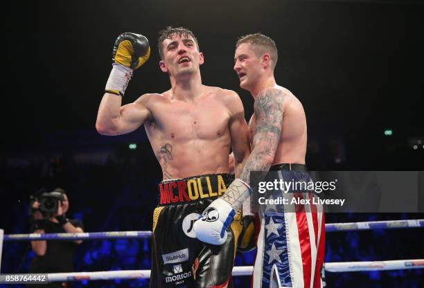 Anthony Crolla celebrates victory over Ricky Burns after the Lightweight contest at Manchester Arena on October 7, 2017 in Manchester, England.