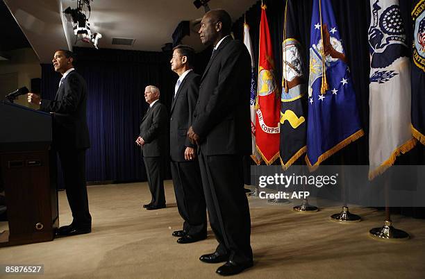 President Barack Obama speaks on improving veterans health care at the Eisenhower Executive Office Building in Washington DC, April 09, 2009. Obama...