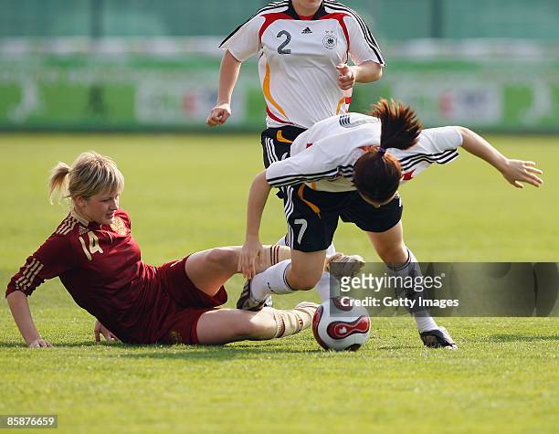 Kristina Mashkova of Russia fouls Nicole Rolser of Germany during the U17 Women international friendly match between Germany and Russia at the Sopron...