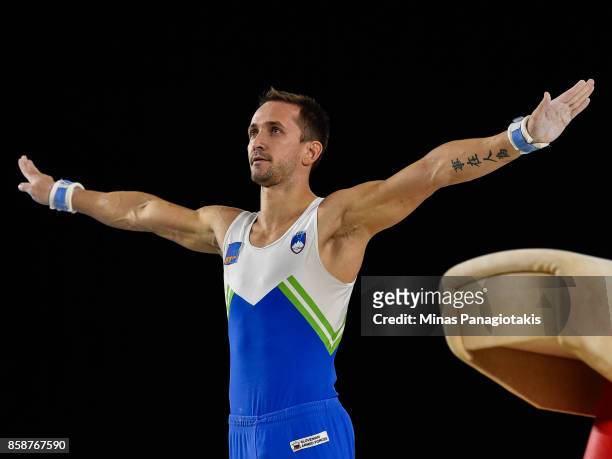Saso Bertoncelj of Slovenia completes his routine on the pommel horse during the individual apparatus finals of the Artistic Gymnastics World...