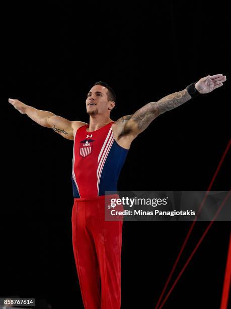 Alexander Naddour of The United States of America completes his routine on the pommel horse during the individual apparatus finals of the Artistic...