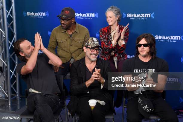 Actors Andrew Lincoln, Lennie James, Jeffrey Dean Morgan, Melissa McBride and Norman Reedus speak during the SiriusXM 'Town Hall' with the Cast of...