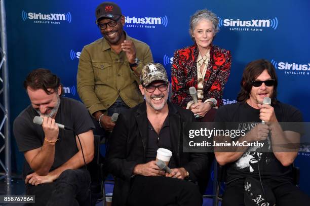 Actors Andrew Lincoln, Lennie James, Jeffrey Dean Morgan, Melissa McBride and Norman Reedus speak during the SiriusXM 'Town Hall' with the Cast of...