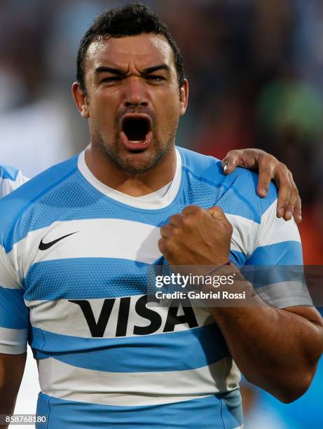 Agustin Creevy of Argentina sings the national anthem prior to The Rugby Championship match between Argentina and Australia at Malvinas Argentinas...