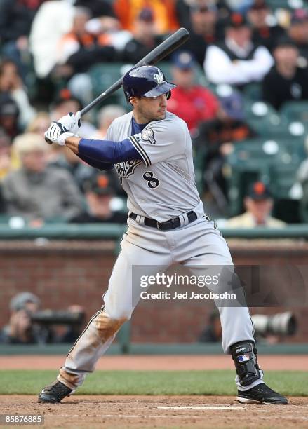 Ryan Braun of the Milwaukee Brewers bats against the San Francisco Giants during Opening Day of the Major League Baseball season on April 7, 2009 at...
