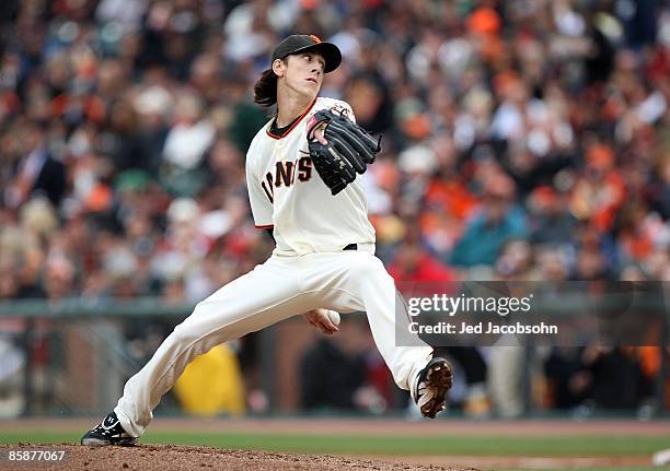 Tim Lincecum of the San Francisco Giants pitches against the Milwaukee Brewers during Opening Day of the Major League Baseball season on April 7,...