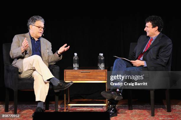 Senator Al Franken and Editor David Remnick speak onstage during Senator Al Franken Talks With The New Yorkers David Remnick at New York Society for...