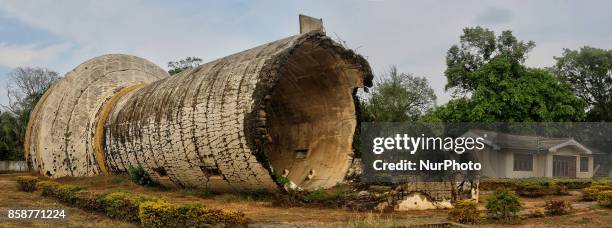 Toppled water tower in downtown Kilinochchi, Jaffna, Sri Lanka. The water tower was bombed by the Tamil Tigers in the final stages of the long Sri...