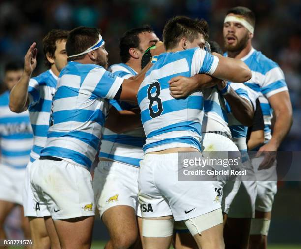 Matias Alemanno of Argentina celebrates with teammates after scoring a try during The Rugby Championship match between Argentina and Australia at...