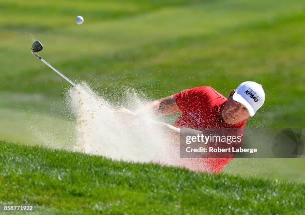 Phil Mickelson plays his shot out of the bunker on the second hole during the third round of the Safeway Open at the North Course of the Silverado...