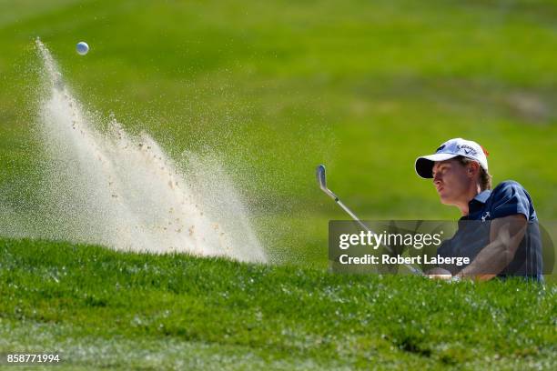 Maverick McNealy plays his shot out of the bunker on the second hole during the third round of the Safeway Open at the North Course of the Silverado...